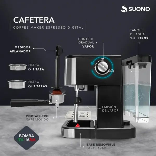 Cafetera Expresso Digital Suono Automática Acero Inox 1.5 L Color Plateado - Image 4